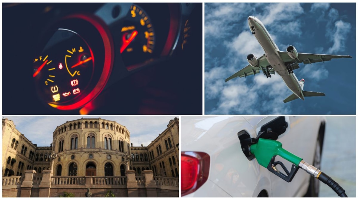 Kollasj med panel på bil, fly i luften, Stortinget og drivstoffpumpe festet i tank på bil