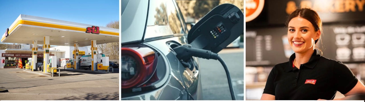 Bilde delt i tre med energistasjon, lader i elbil og ansatt som holder salat på energistasjon