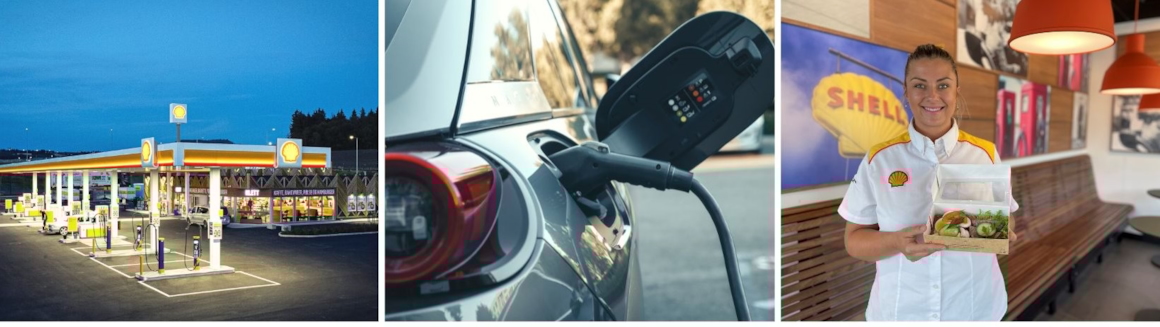 Bilde delt i tre med energistasjon, lader i elbil og ansatt som holder salat på energistasjon