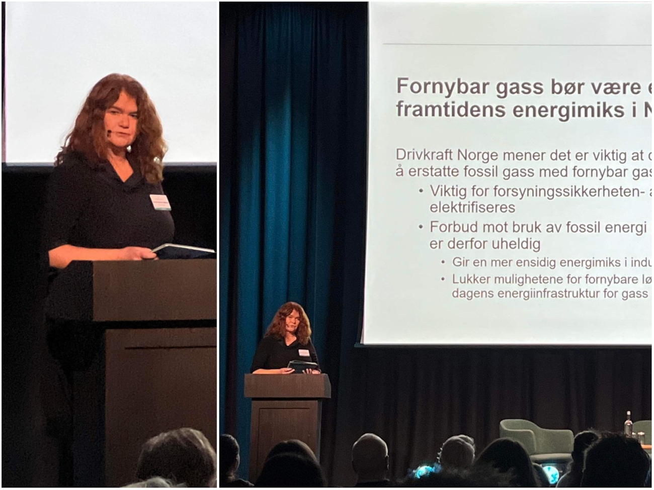 Kollasj med bilder av administrerende direktør Kristin Bremer Nebben på gasskonferanse med presentasjon i bakgrunnen og publikum i forgrunnen