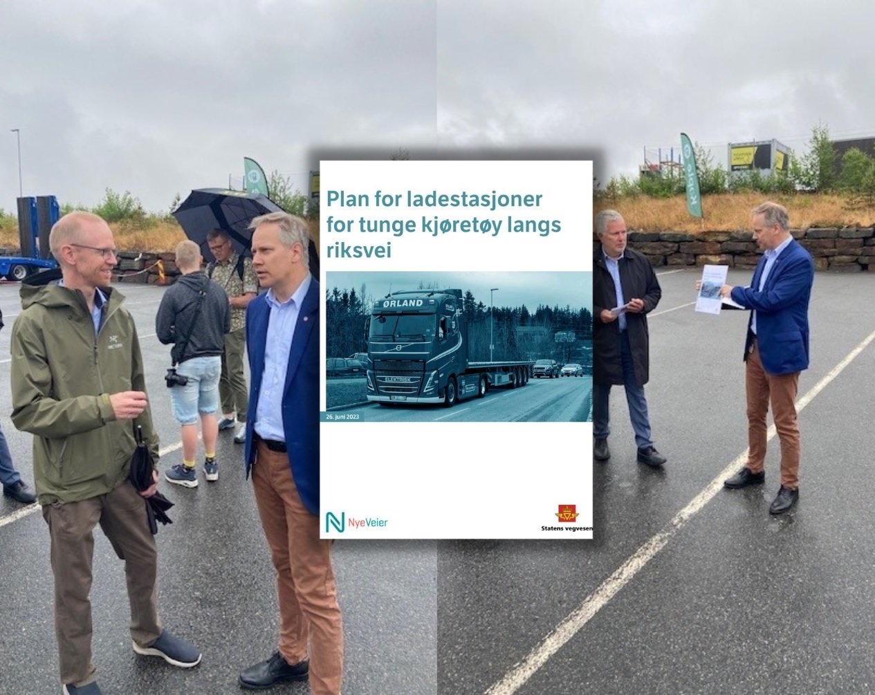 Kollasj med Joar Brunes og Jon-Ivar Nygård med plan for ladestasjoner for tunge kjøretøy innfelt