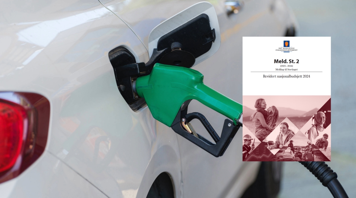 Forside til revidert nasjonalbudsjett (RNB) 2024 og hånd som fyller bil med biodrivstoff