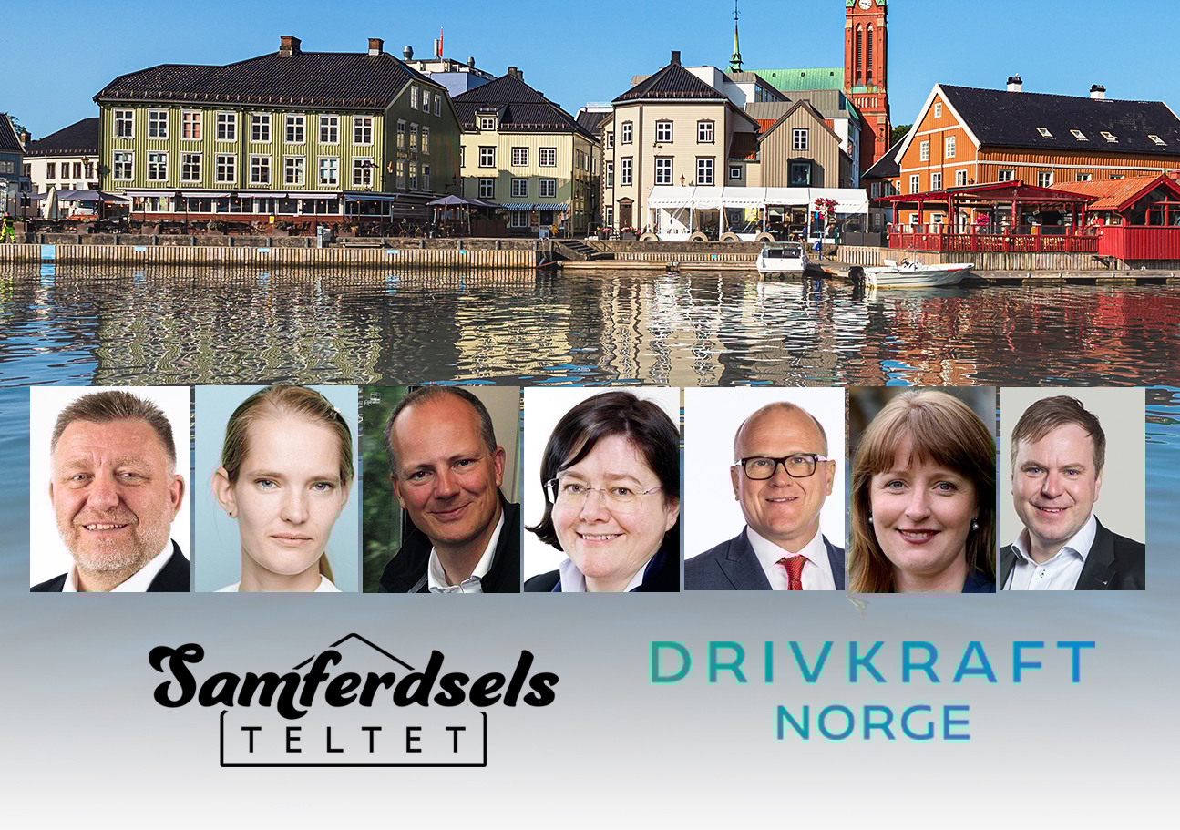 Banner Arendalsuka med paneldeltakere og logoene til Samferdselsteltet og Drivkraft Norge