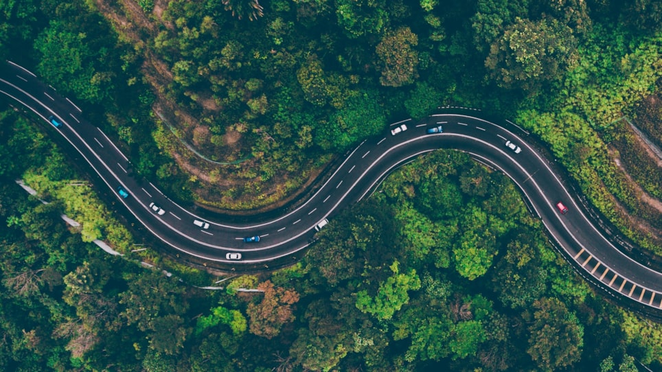 Dronefoto av vei med biler på med grønn skog rundt
